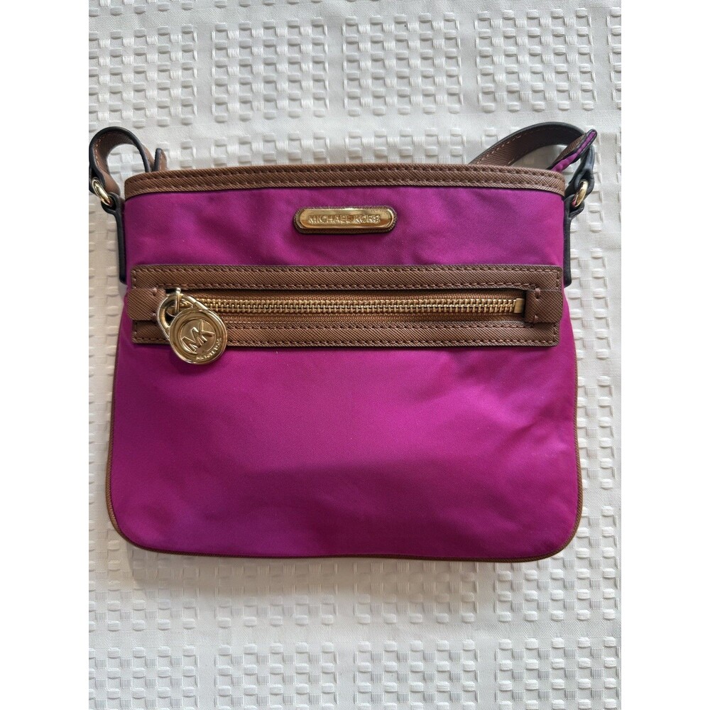 Michael Kors Kempton Fushia Microfiber Pocket Crossbody Bag leather trim